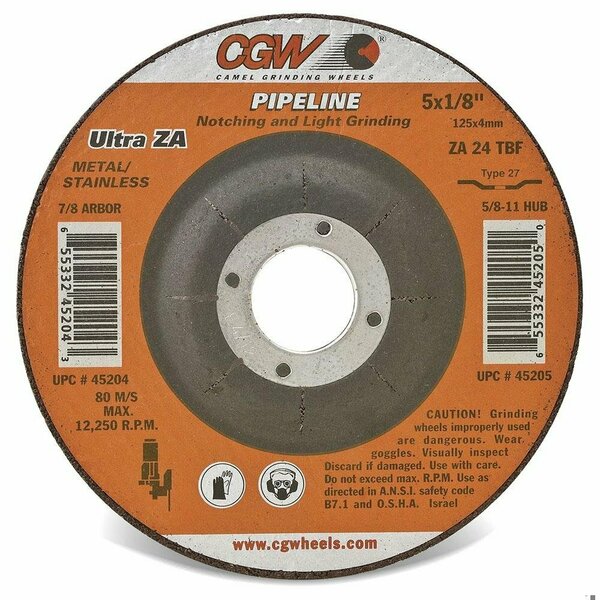 Cgw Abrasives Fast Cut Depressed Center Wheel, 4-1/2 in Dia x 1/8 in THK, 7/8 in Center Hole, 24 Grit, Aluminum Ox 59100